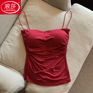 Langsha 2024 new hot girl pure desire pleated camisole women's summer spaghetti straps with sweet and spicy style sleeveless red one size