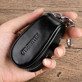 英伦保罗2025新款迷你拉链汽车钥匙包男士真皮腰挂锁匙扣男牛皮钥匙扣 黑色-油蜡皮