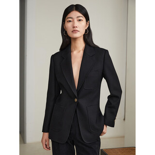 Marius black label elegant old money traceable wool three patch pockets micro waist right shoulder blazer women's black blazer xs