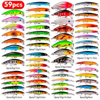 Shantou lincun 59pc fishing bait set mixed minnow rock lure bait set plastic false bait fishing gear e-commerce dwmi011 carton packaging