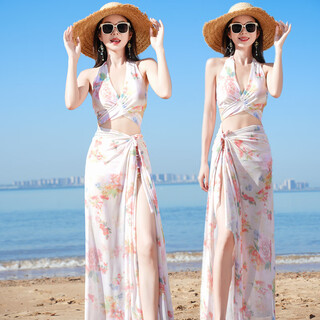 Guiqi three-piece swimsuit for bathing in hot springs, conservative belly-covering, high-end sexy slimming long skirt, beach vacation photo swimsuit, pink, one size fits all, recommended 80-120 jin jin equals 0.5 kg