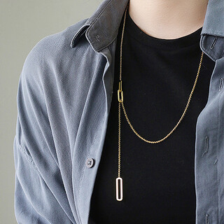 Feiyu simple cold style geometric square adjustable long sweater necklace chain autumn and winter titanium steel 18k gold tassel pendant gold