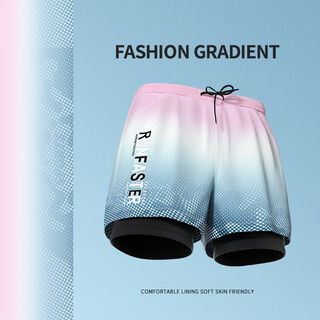 Junkiss swimming trunks, men's swimming equipment, full set of adult swimsuits, goggles, and caps, three-piece set, flat-angle double-layer hot spring suit, upgraded gradient purple, double-layer pocket style, m. recommended weight: 80-100 jin jin equals 0.5 kg