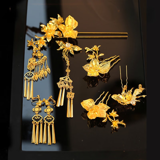 Qianjun chinese style xiuhe bridal headdress 2024 new style simple and exquisite golden hairpin classical hanfu dragon and phoenix jacket hair accessories jin xiaochai 6-piece set (ear clip style) 20241181