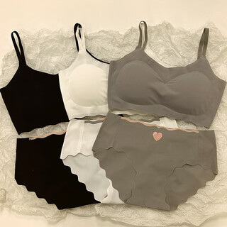 Simple seamless underwear and underwear set for girls, sports students, push-up bra straps, no rims bra and vest style, 3 sets, black + white + gray m recommended 70-95 jin jin equals 0.5 kg