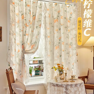 Catilon french curtains 2026 new gauze curtains no-punching installation telescopic rod bedroom bay window women's blackout dream curtain lemon blossom 1.5m*1.5m free no-punching roman rod