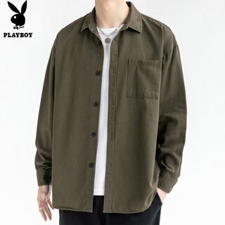 花花公子（PLAYBOY）长袖衬衫男外套男士衬衣秋冬季休闲纯棉上衣服潮流商务美式男装