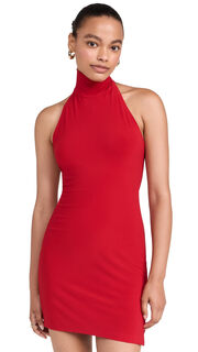 Norma kamali women's halter neck high neck side slit mini dress tiger red large