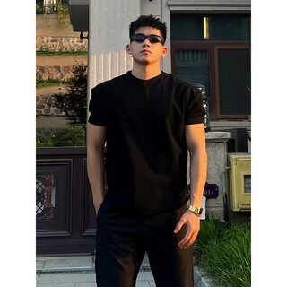 Poum handsome high street black right shoulder short-sleeved t-shirt men's summer new trend fitness sports half-sleeved men's top a+-q1001 black xl