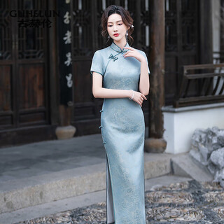 Guhelun new chinese style mulberry silk cheongsam slim long 2025 summer new national style elegant young mother style cheongsam dress blue 3xl