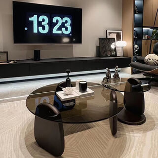 Halloden tempered glass coffee table living room light luxury round small table combination home small apartment high-end modern simple table shark coffee table combination gray glass + black frame