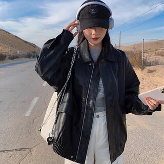 Ono qitian black leather jacket for women 2025 spring and autumn new style hong kong style retro high-end motorcycle handsome trendy top leather jacket black single layer 90-130jin jin is equal to 0.5 kg
