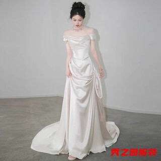 Versesa satin light wedding dress evening gown for women summer one shoulder simple retro french welcome entrance veil temperament white engagement white m