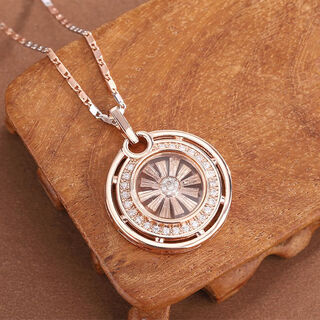 Quamer round rotating 18k rose gold pendant for women, redbud transfer bead snowflake hanging necklace, pink gold pendant necklace (chain length 50cm)