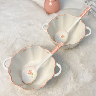 An junsheng tulip ceramic double-ear bowl internet celebrity breakfast salad bowl baked bowl creative instant noodle bowl tulip 17cm spoon 1 pack