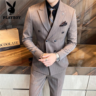 Playboy (playboy) suit men's double-breasted suit men's three-piece suit slim fit korean wedding groom's formal dress yuppie handsome brown three-piece suit + trousers + vest xl