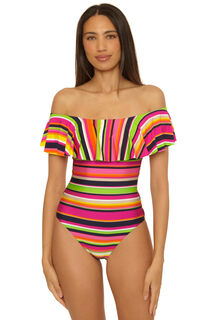 Trina turk women's pleated one piece swimsuit off shoulder swimsuit monaco (anniversary) 8