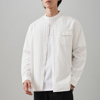 Duken heavy cotton stand-up collar shirt men's long-sleeved spring and autumn solid color high-end workwear henry collar round neck shirt jacket white heavy cotton/stand-up collar design m (suitable for 90-110 jin jin equal to 0.5 kg)