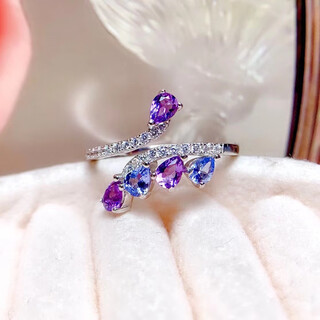 Junpo fashion new top opening ring natural tanzanite + amethyst ring 3 4 sizes 925 silver inlaid amethyst tanzanite ring opening adjustable