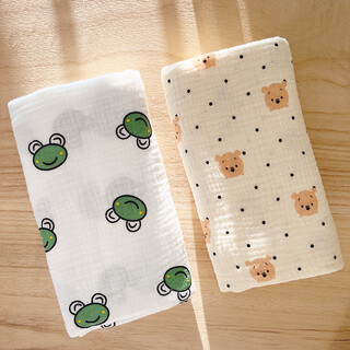 Pingxiao single-layer thin gauze wrap single newborn soft bath towel baby swaddle blanket and quilt summer 2-pack 2 pieces dotted bear + little jumping frog gauze towel cotton 90x100cm