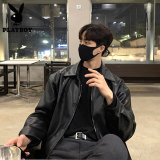Playboy (playboy) motorcycle leather jacket men's spring and autumn korean version loose and trendy handsome black retro american fashion brand leather jacket for men p12 black size too large l 120-140jin jin equals 0.5 kg to wear