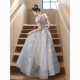 Blue evening dress banquet french light luxury niche temperament high-end high-end princess vocal music test performance girl blue l