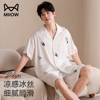 Catman ice silk couple pajamas men's summer thin women's short-sleeved cool cardigan 2025 new style can be weared outside home clothes