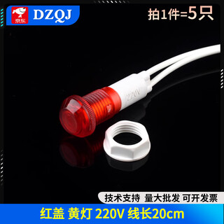 Small 220v plastic indicator with line indicator light neon bulb 12v equipment working power supply signal light opening 10m red cover yellow light 220v line length 20cm (5 pieces)