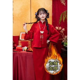 Pierre cardin (pierre cardin) red new chinese toasting dress cheongsam spring and autumn new high-end bride engagement dress return suit women's dressing gown burgundy suit quilted version with necklace thick version s suitable for 80-95jin jin is equal to 0.5 kg