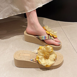 Fan sheng yuliang slippers fairy style wedge flip flop fashion straw flower thick sole idyllic vacation seaside beach women's shoes wedge beach shoes women yellow flower 37 heel height 5cm