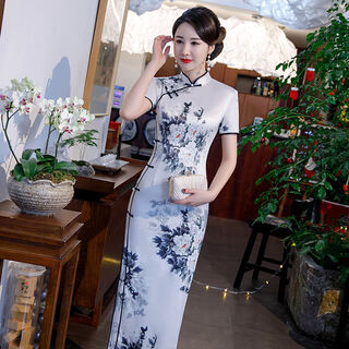 Timochi catwalk welcome cheongsam chinese style blue and white porcelain long elegant young girl 2022 improved performance dress
