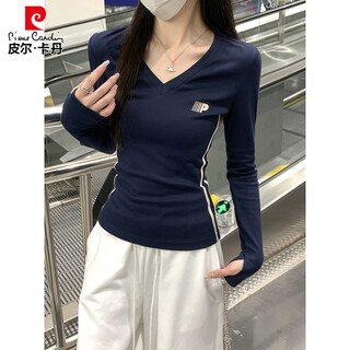 Pierre cardin (pierre cardin) european navy blue v-neck long-sleeved t-shirt for women spring and autumn 2025 new style western slim fit inner high-end bottoming shirt top navy blue new/autumn/autumn/korean version/slim/s (85-95jin jin is equal to 0.5 kg)