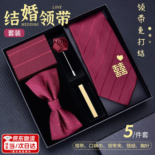 Ceeniu tie for men wedding groom festive wedding tie clip knot-free formal dress bow tie pocket square brooch set gift box zipper style 5-piece set