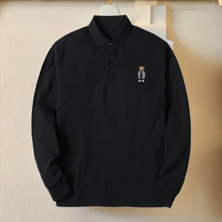 Kuraishi kazuki co-designed black polo shirt men's short long sleeve 25 embroidery autumn and winter new loose large size lapel bear top dark night black xl