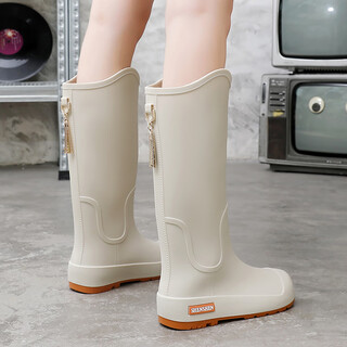 Hanlinu high-tube rain boots for women 2026 new outer wear long-tube plus velvet rain boots non-slip waterproof shoes for sea work safety shoe covers wrapped style - simple and versatile gray white 39