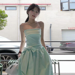 Yezhi 2025 new summer style french mint green tube top dress for women, seaside resort style waist-cinching off-shoulder long dress, bow tube top dress, mint green m