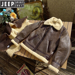 Jeep spirit vintage peng yuyan's same american-made american retro heavyweight sheepskin one-piece b3 flight jacket brown cracked rice curly wool.j188 l 130-145jin jin equals 0.5 kg