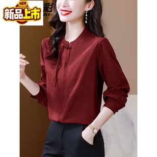 Chu jing new chinese style button-up long-sleeved shirt spring and autumn tops women's shirts 2025 new mother high-end chiffon shirt red m 80-100jin jin is equal to 0.5 kg