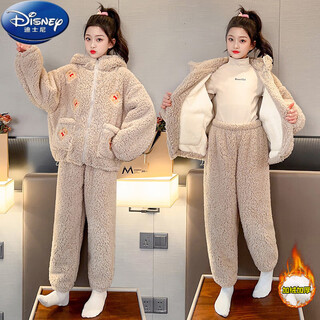 Disney girls' pajamas autumn and winter thickened and velvet 24 new children's hooded home clothes three-layer quilted winter flannel df61 patch bear thickened and velvet 150 cm