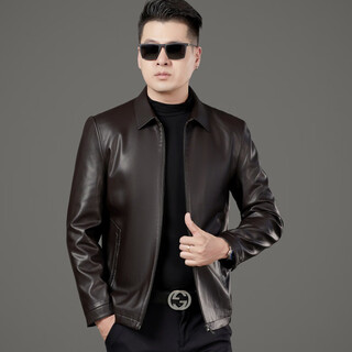 Kbxng jinba haining leather men's sheepskin casual business jacket dad lapel spring autumn and winter high-end leather jacket 2288 brown velvet l 175/50