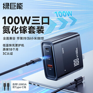 绿巨能（llano）65w氮化镓充电器笔记本电脑套装PD快充适用苹果17MacBook Pro华为小米联想iPad Pro多口电源适配器 【100W套装】2C1A快充-配1.8米线黑