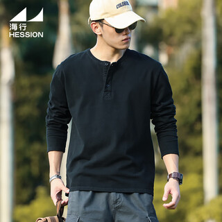 Haixing black casual long sleeve t-shirt men's pure cotton breathable spring and autumn solid color inner bottoming shirt top cotton henry shirt black 2xl