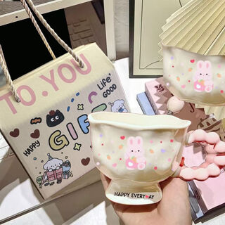 Ye yu's high-looking cartoon mug, ceramic couple cup, ins style birthday gift, souvenir for girls, pink cute bunny, round cup and spoon