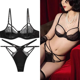 Victoria palace lace underwear sexy ultra-thin eyelash push-up push-up big breast makeup small bra comfortable breathable bra set black m