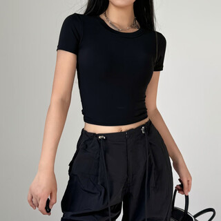 Kejimitao sexy backless sports t-shirt women's fixed bra pad pilates yoga wear short sleeve tight slimming fitness wear top black l