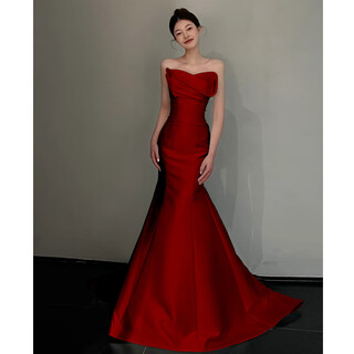 Wenmi toasting dress tube top bride elegant fishtail engagement dress burgundy banquet host art test long dress tube top burgundy l