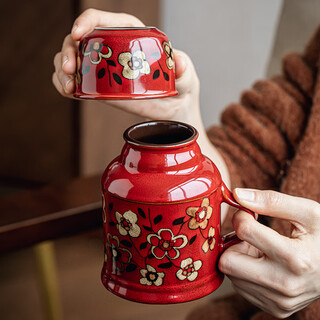 Youcci time sighs chinese style hand-painted small thermos original mug with lid ceramic tea cup valentine's day gift time sighs cup - wine red (thermos bottle style)