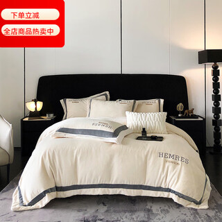 Mercury series home textiles 200 count high-end thickened class a milk velvet four-piece set carved winter double-sided baby velvet coral velvet quilt cover bed yulia-white antistatic + thickened + no lint 1.8m bed sheet style four-piece set antistatic + thickened + no lint