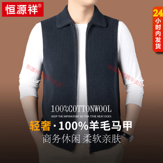 恒源祥纯羊毛背心男开衫拉链2025秋冬新款中年爸爸装高翻领无袖针织马甲 雅致蓝 3XL