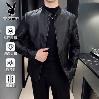 Playboy men's jacket men's leather jacket spring and autumn new stand collar young and middle-aged leather jacket korean style trendy and handsome men's clothing black regular l 120-130jin jin is equal to 0.5 kg
